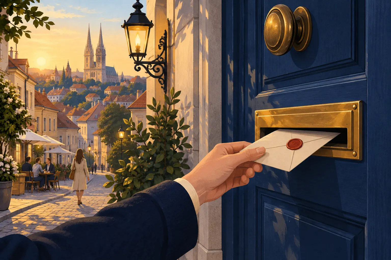 Ilustracija ruke koja zapečaćenu kuvertu gura kroz mjedeni otvor za pisma na plavim vratima, a iza je Zagreb.