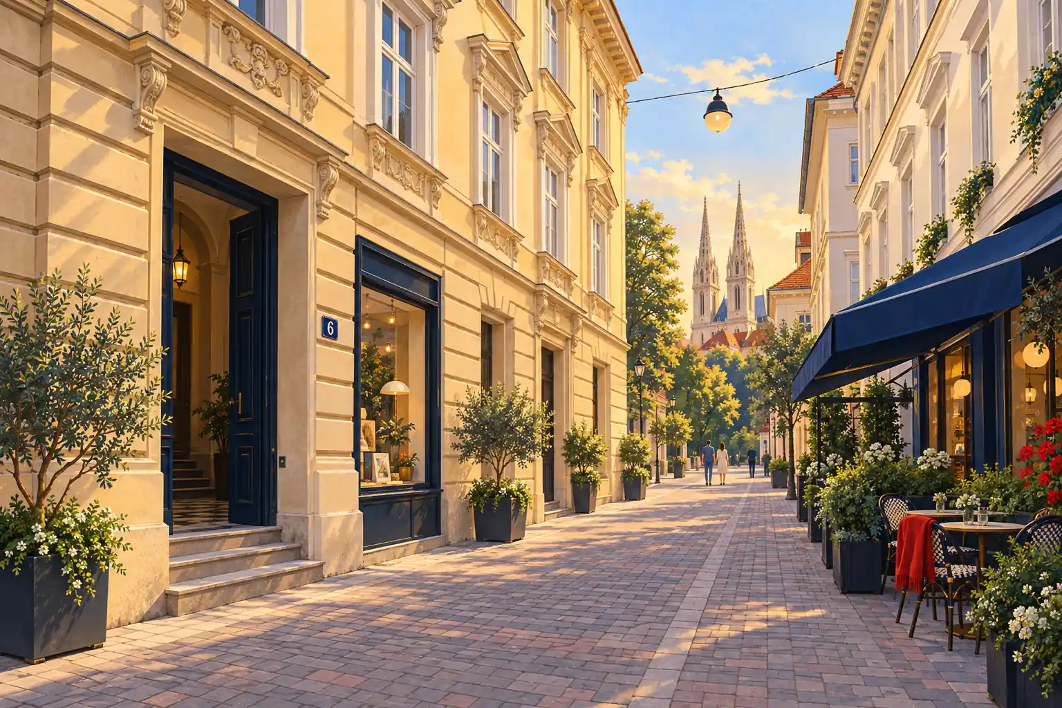 Ilustracija sunčane zagrebačke ulice s ulazom označenim brojem 6, izlogom, stolovima kafića i katedralom na kraju ulice.