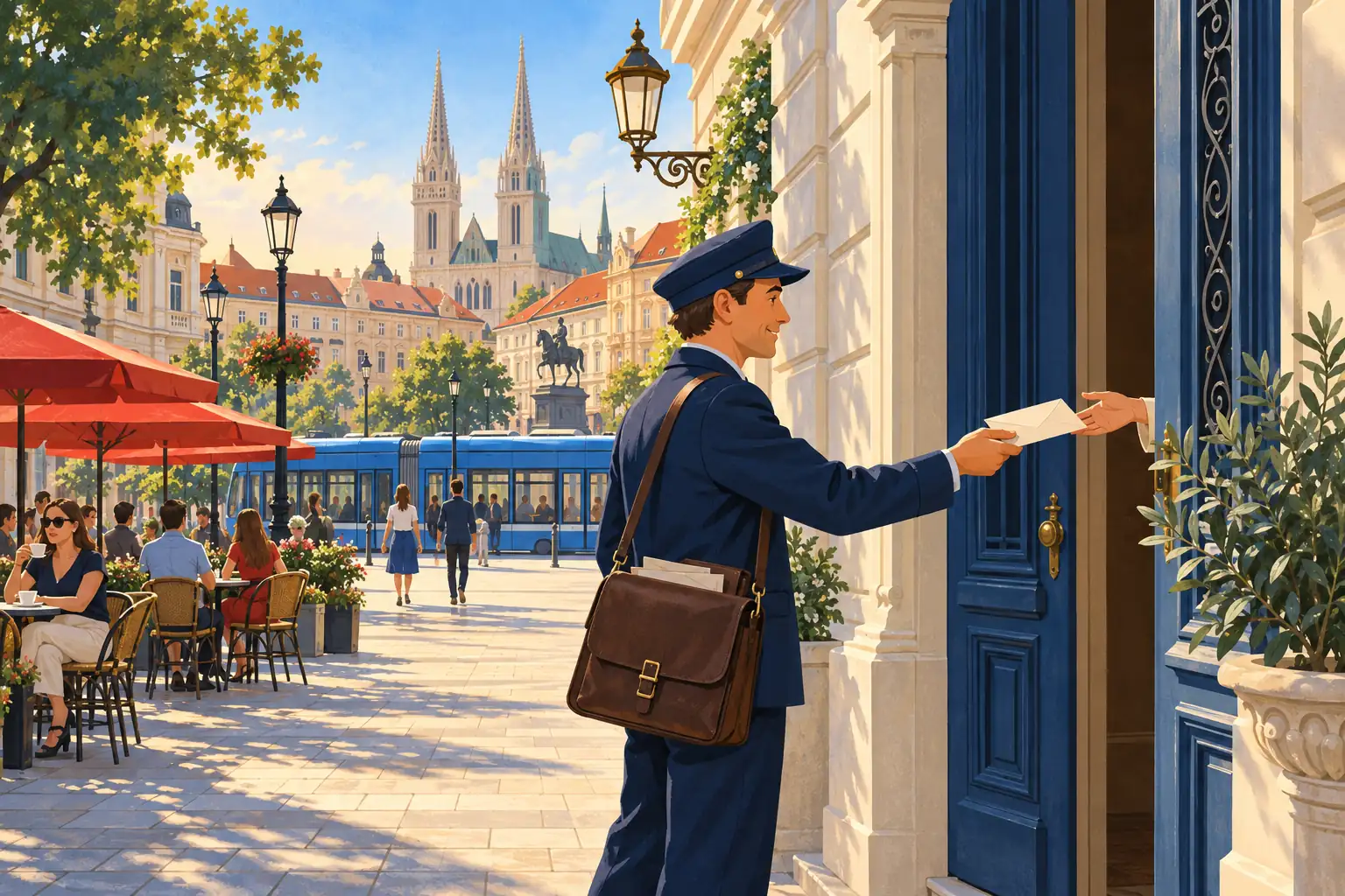 Ilustracija poštara s kapom koji predaje kuvertu ruci koja viri iz plavih vrata.