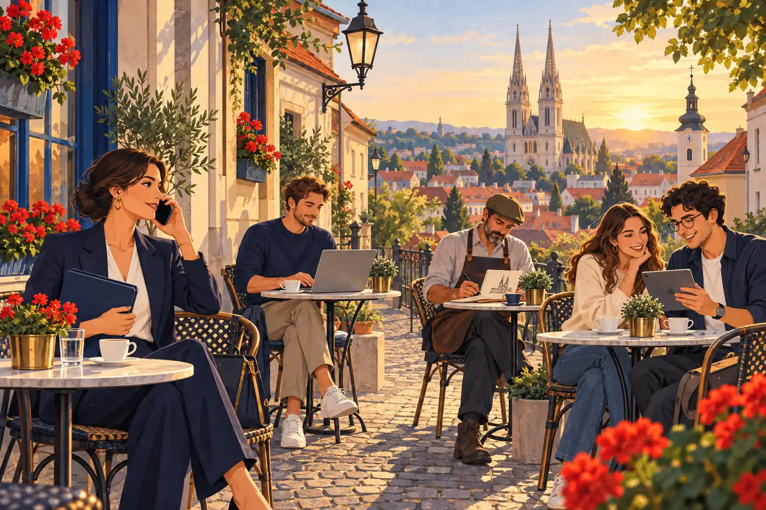 Ilustracija petero ljudi na terasi kafića iznad Zagreba: jedna žena telefonira, ostali rade s laptopom, skicarom i tabletom.