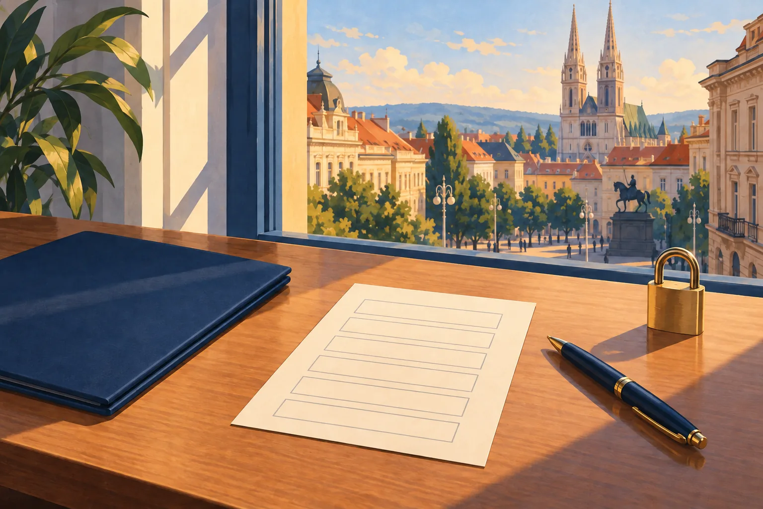Ilustracija stola s praznim obrascem, zatvorenom tamnoplavom mapom, olovkom i mjedenom lokotom, a vani se vidi zagrebački trg.