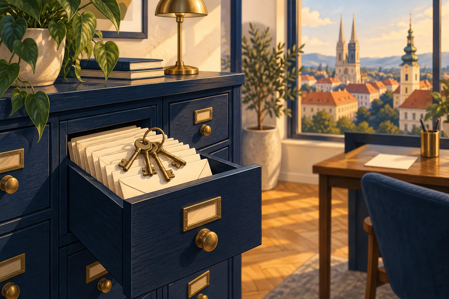 Ilustracija otvorene tamnoplave ladice s kuvertama i svežnjem mjedenih ključeva, a kroz prozor se vidi Zagreb.
