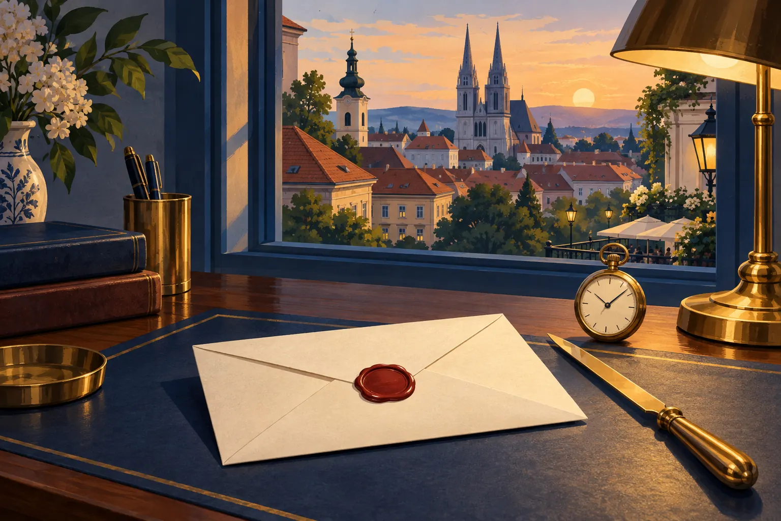 Ilustracija zapečaćene kuverte na stolu s džepnim satom, nožem za pisma i svjetiljkom, u zalasku sunca nad Zagrebom.