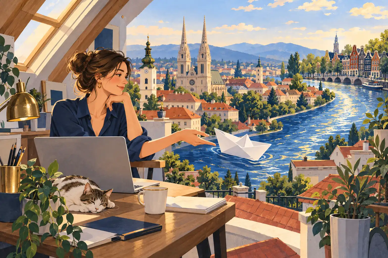 Ilustracija žene za laptopom na tavanu koja posiže prema papirnatom brodiću na rijeci, uz mačku koja spava.