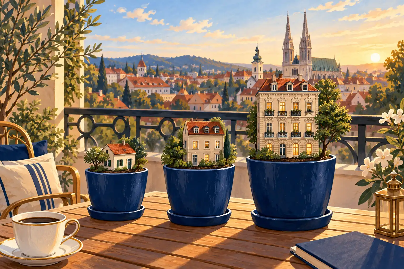 Ilustracija triju plavih posuda s biljkama na terasi u kojima su mala kuća, veća kuća i visoka gradska zgrada.