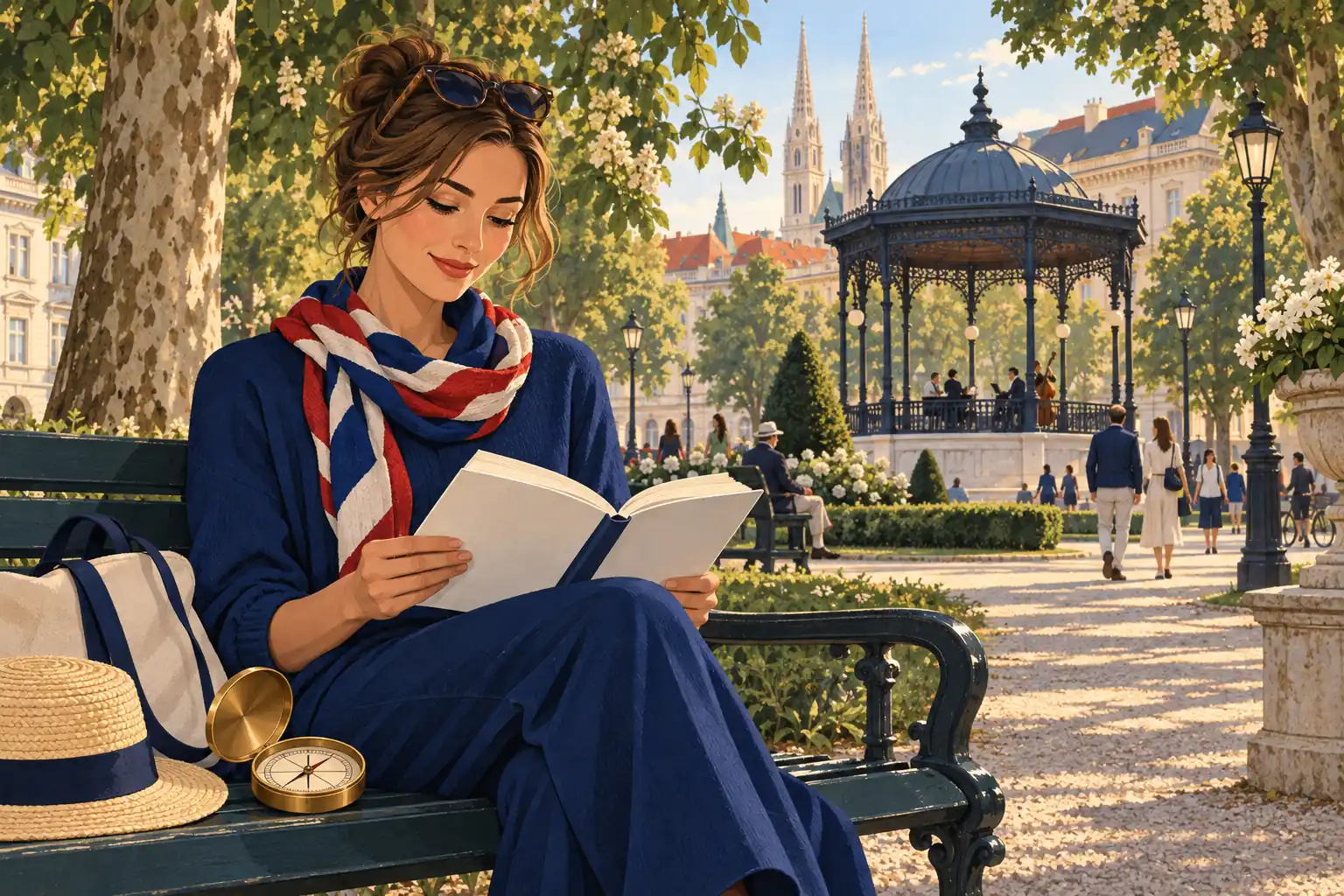 Ilustracija žene koja čita knjigu na klupi u parku, a iza nje su sjenica za glazbu i Zagrebačka katedrala.
